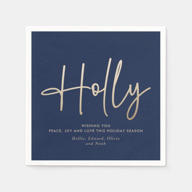 Gold navy blue modern minimal script elegant napkin (Front)