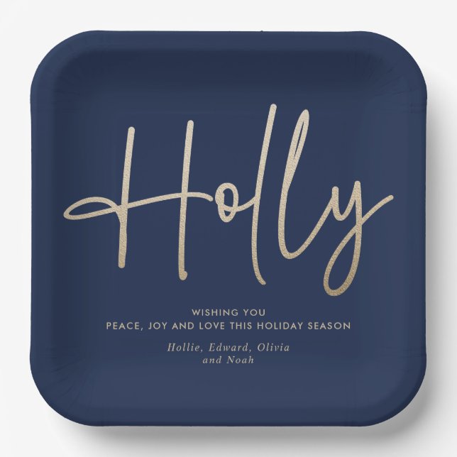 Gold navy blue modern minimal script elegant paper plate (Front)