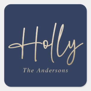 Gold navy blue modern minimal script elegant square sticker