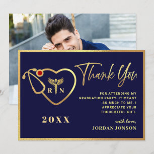 Gold Navy Blue Modern Nursing School Graduation Thank You Card