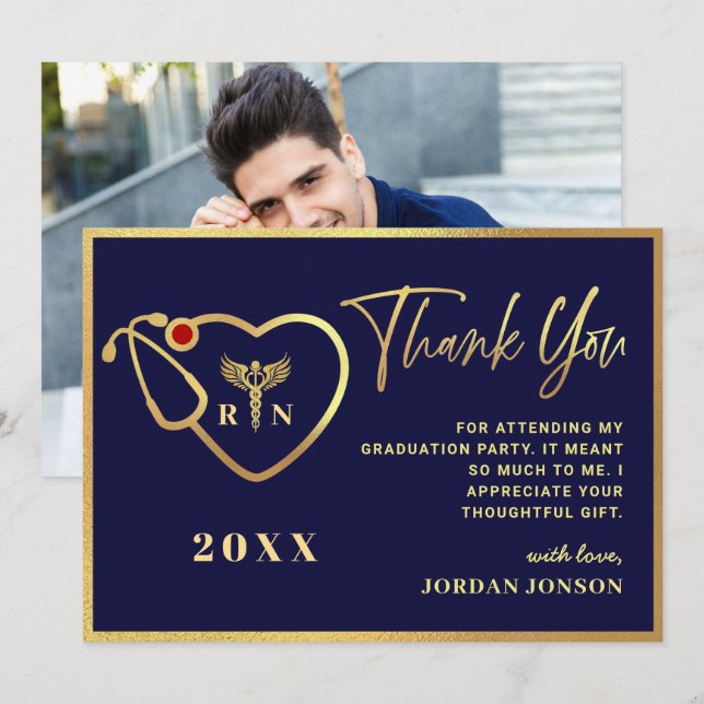 Gold Navy Blue Modern Nursing School Graduation Thank You Card (Front/Back)