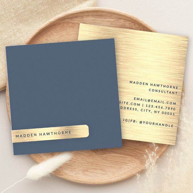 Gold Navy Blue Modern Simple Minimal Brushed Metal Square Business Card (Creator Uploaded)