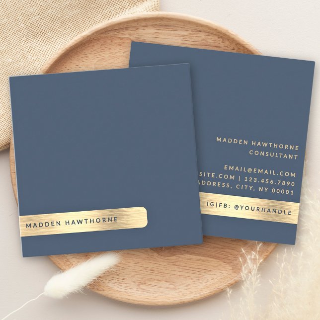 Gold Navy Blue Modern Simple Minimal Brushed Metal Square Business Card (Creator Uploaded)