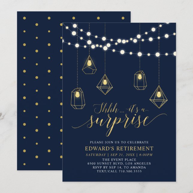 Gold & Navy Blue Modern Surprise Retirement Party Invitation (Front/Back)