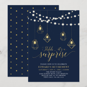 Gold & Navy Blue Modern Surprise Retirement Party Invitation