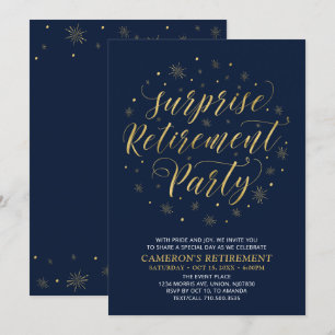 Gold & Navy Blue Modern Surprise Retirement Party Invitation