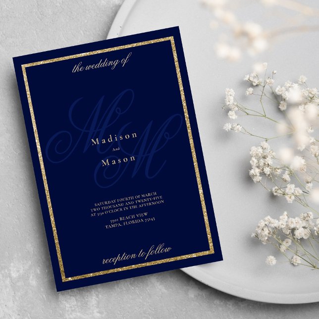 Gold navy blue monogram initials theme wedding invitation (Gold navy blue monogram initials theme wedding)