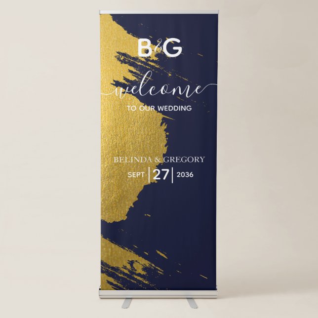 Gold Navy Blue Monogram Wedding Welcome Sign (Front)