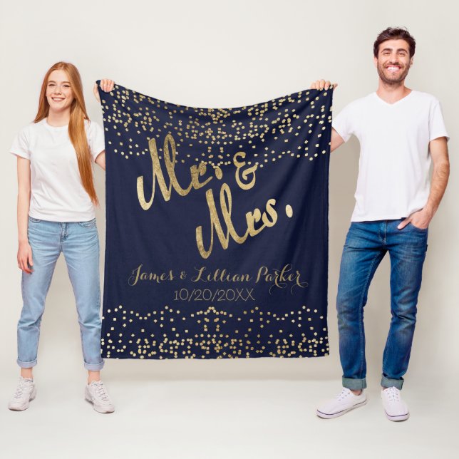 Gold Navy Blue Mr. and Mrs. Monogram Wedding Fleece Blanket (In Situ)