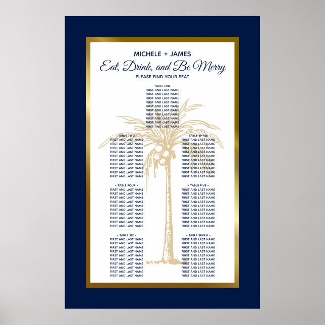 Gold Navy Blue Palm Tropical Wedding Seating Chart (Front)