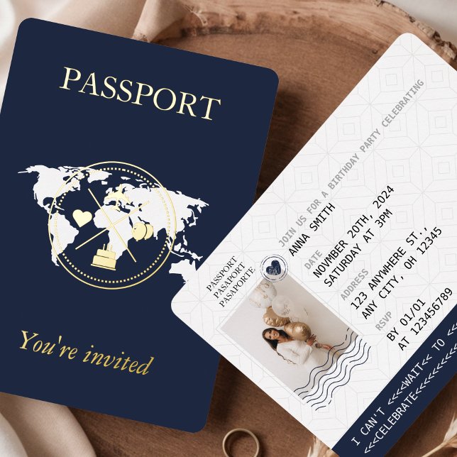 Gold & Navy Blue Passport Unique Birthday Photo (Passport Birthday Invitation Navy Blue & Gold Photo Travel Unique Modern Aesthetic)
