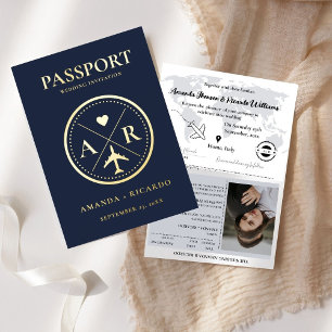 Gold & Navy Blue  Passport  Wedding Invitation