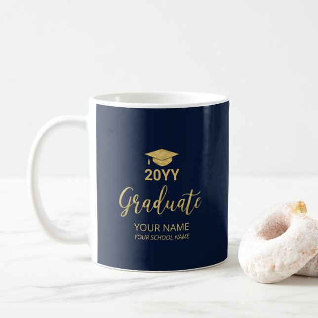 Gold & Navy Blue Personalised Graduation Gifts Coffee Mug (With Donut)