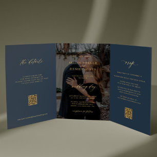 Gold navy blue photo wedding RSVP details QR code  Tri-Fold Invitation