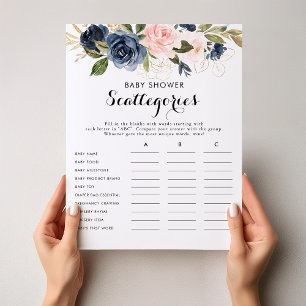 Gold Navy Blue Pink Baby Shower Scattegories Game 