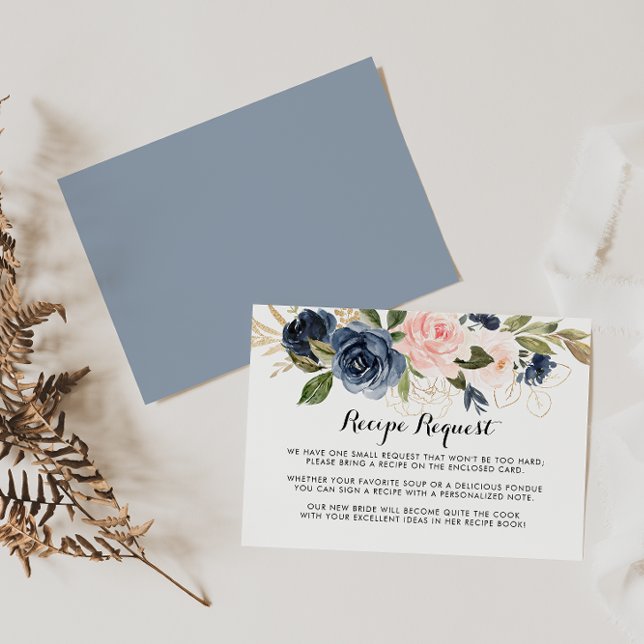 Gold Navy Blue Pink Floral Wedding Recipe Request  Enclosure Card (Creator Uploaded)