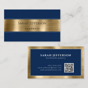 Gold Navy Blue Professional Metallic Elegant QR Business Card
