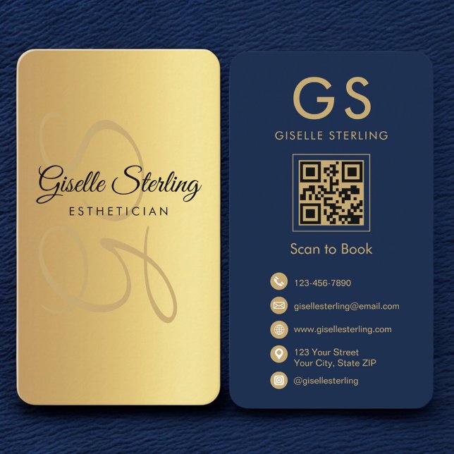 Gold Navy Blue QR Code Aesthetician Monogram  Business Card (Creator Uploaded)