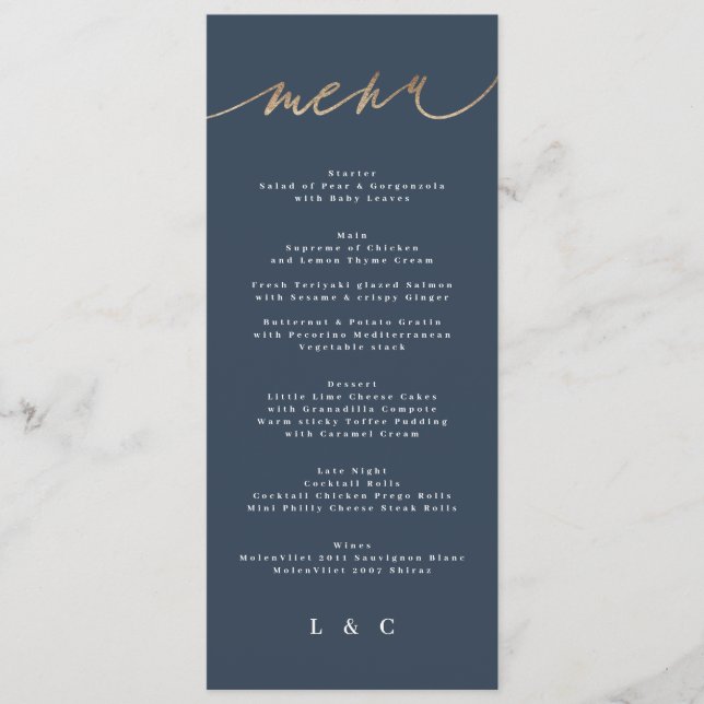 Gold Navy Blue Simple Classic Wedding Menu (Front)