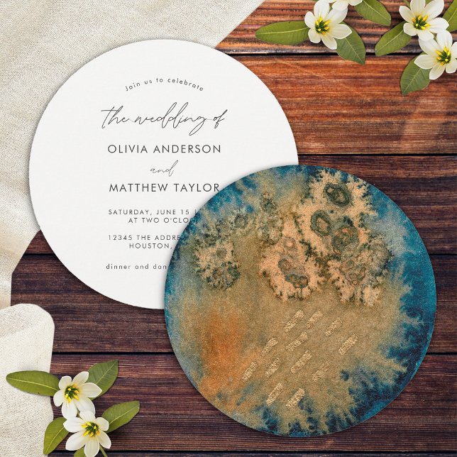 Gold Navy Blue Simple Unique Watercolor Wedding Invitation (Front/Back)