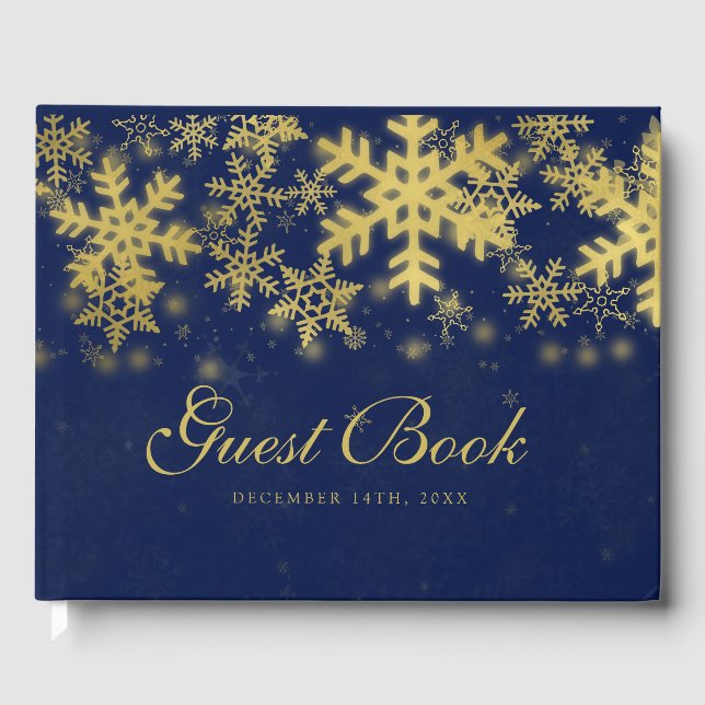 Gold + Navy Blue Snowflakes Christmas Guest Book (Front)