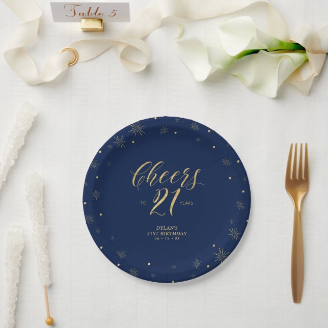 Gold Navy Blue Sparkle Cheers 21st Birthday Party Paper Plate (Wedding)