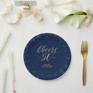 Gold Navy Blue Sparkle Cheers 50th Birthday Party Paper Plate