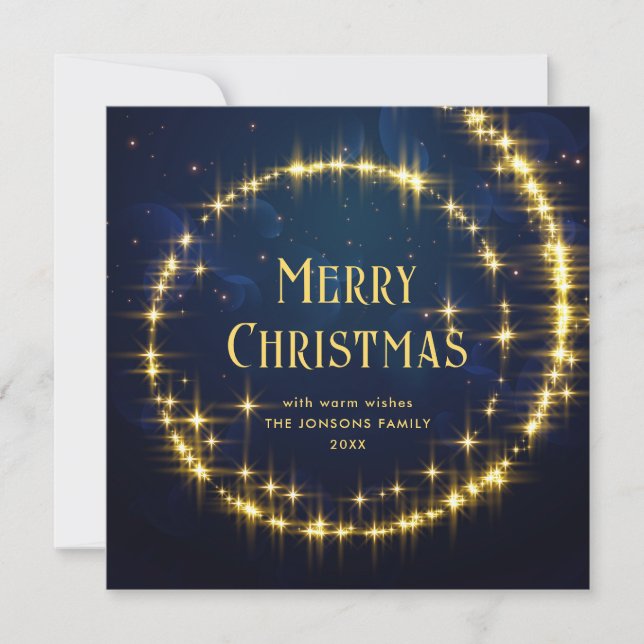 Gold Navy Blue Sparkle Lights Christmas Stars Holiday Card (Front)