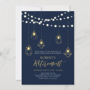 Gold & Navy Blue   String Lights Retirement Party Invitation