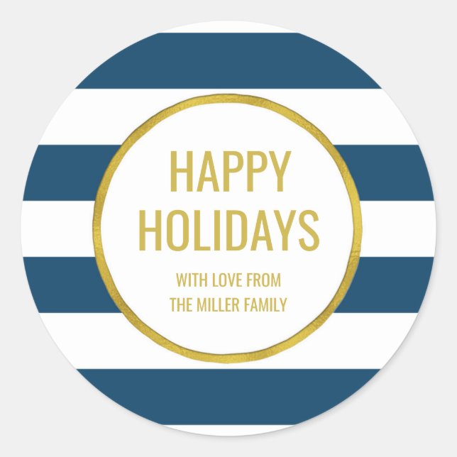 Gold Navy Blue Stripes Happy Holidays Custom Classic Round Sticker (Front)