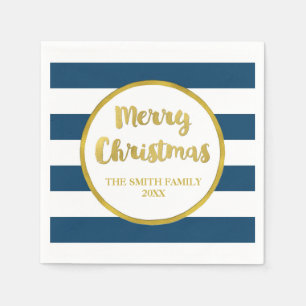 Gold Navy Blue Stripes Merry Christmas Napkin