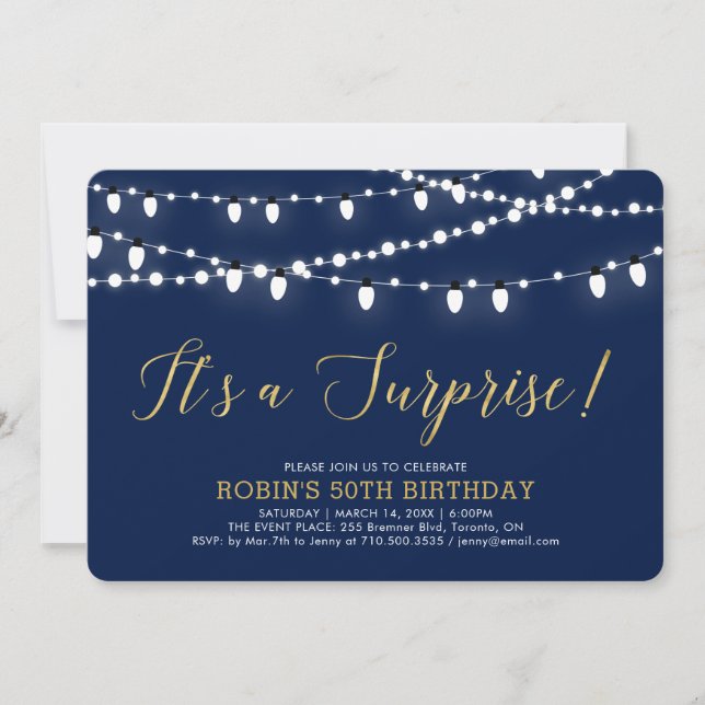 Gold & Navy Blue | Surprise 50th Birthday Party Invitation (Front)