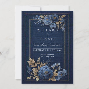 Gold Navy Blue Textured Floral Winter Wedding Invitation
