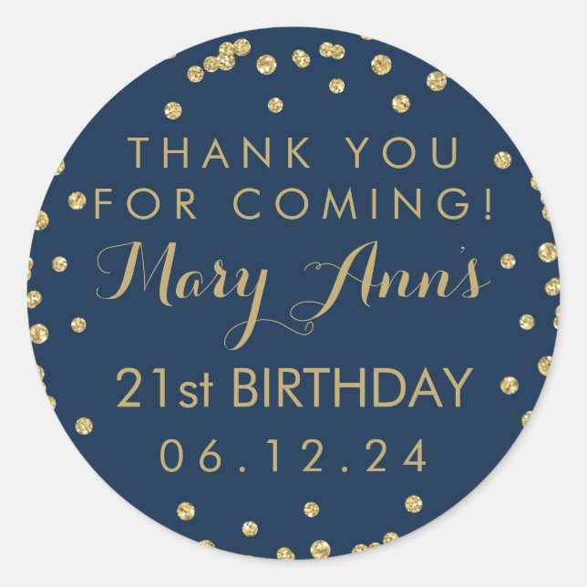 Gold Navy Blue Thank You 21st Birthday Confetti Classic Round Sticker (Front)