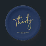 Gold & Navy Blue Thirty Lettering 30th birthday Paper Plate<br><div class="desc">This simple custom paper plate will add stylish detail to the 30th birthday party. This design features chic gold lettering "Thirty" with custom text on a navy blue background. Matching invitations and party supplies are available in my shop BaraBomDesign.</div>