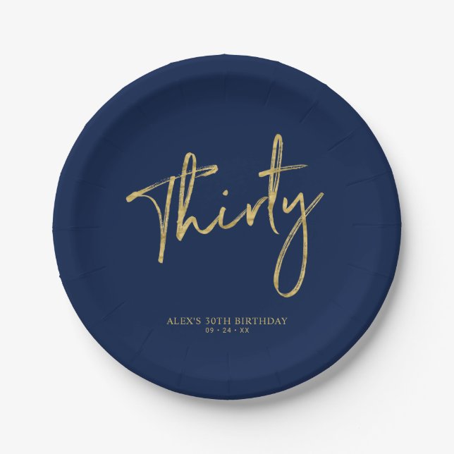 Gold & Navy Blue Thirty Lettering 30th birthday Paper Plate (Front)