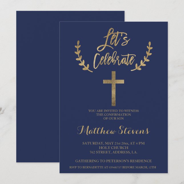 Gold navy blue typography chic confirmation invitation (Front/Back)