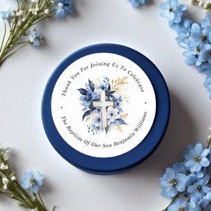 Gold & Navy Blue Watercolor Baptism Thank You Classic Round Sticker