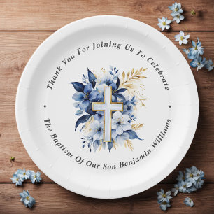 Gold & Navy Blue Watercolor Baptism Thank You Paper Plate