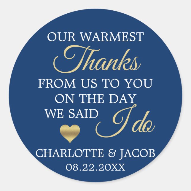 GOLD Navy Blue Wedding Heart Warmest Thanks Classic Round Sticker (Front)