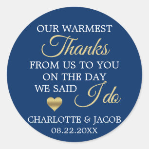 GOLD Navy Blue Wedding Heart Warmest Thanks Classic Round Sticker