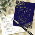 Gold & Navy Blue Wedding Save the Date Calendar Announcement Postcard<br><div class="desc">This beautiful save the date postcard will give your friends and family advance notice of your upcoming wedding. It features a clever design with a custom calendar where you can put a heart around your wedding date. The background is navy blue, and there are decorative gold faux foil frilly accents...</div>