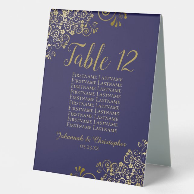 Gold Navy Blue Wedding Table Number Seating Chart (Front)