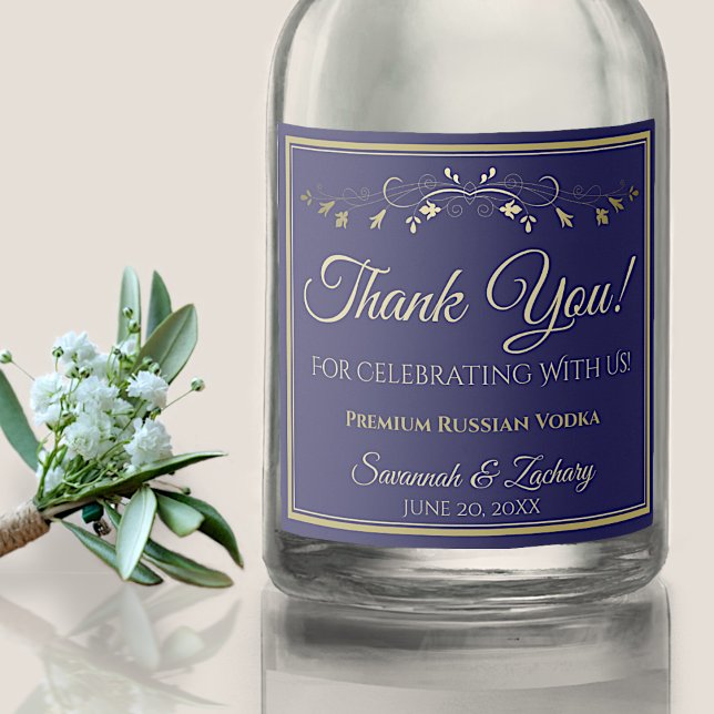 Gold & Navy Blue Wedding Thank You Liquor Bottle Label (Creator Uploaded)