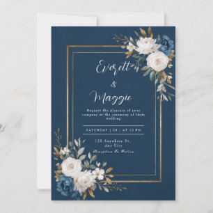 Gold Navy Blue White Rose Floral Wedding Invitation