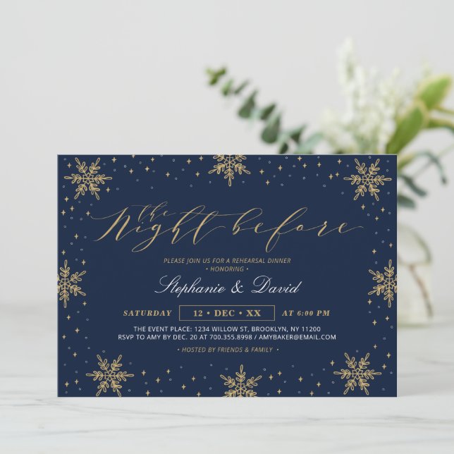 Gold & Navy Blue Winter Rehearsal Dinner Party Invitation (Standing Front)