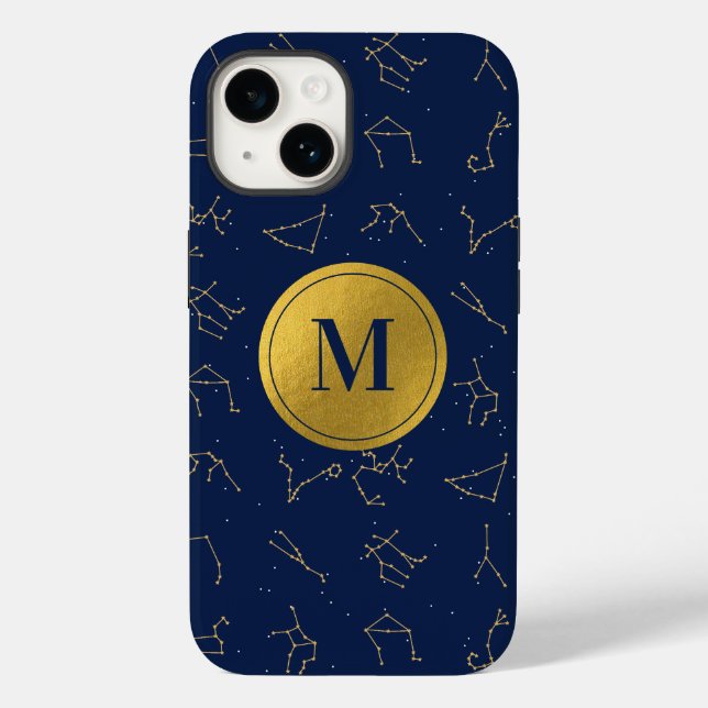 Gold & Navy Blue Zodiac Constellations Monogram Case-Mate iPhone Case (Back)