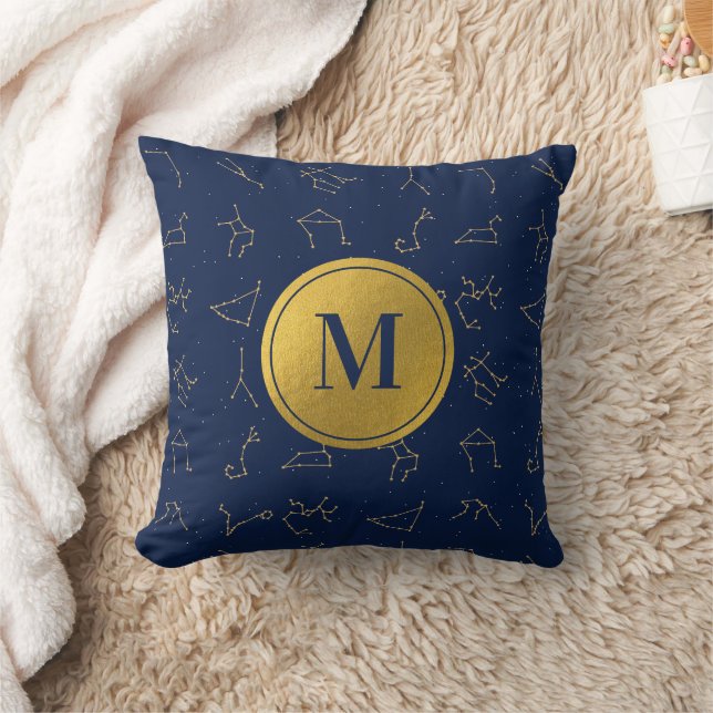 Gold & Navy Blue Zodiac Constellations Monogram Cushion (Blanket)