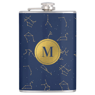 Gold & Navy Blue Zodiac Constellations Monogram Hip Flask