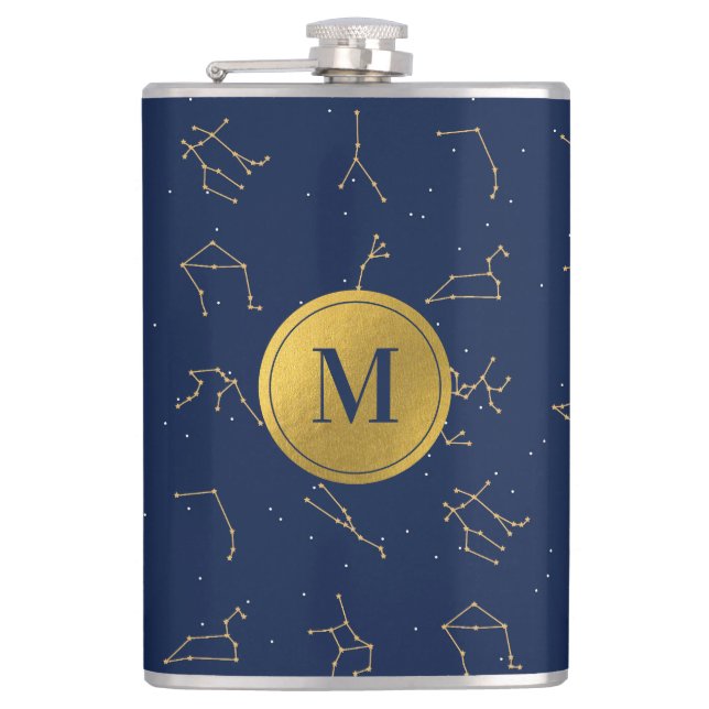 Gold & Navy Blue Zodiac Constellations Monogram Hip Flask (Front)